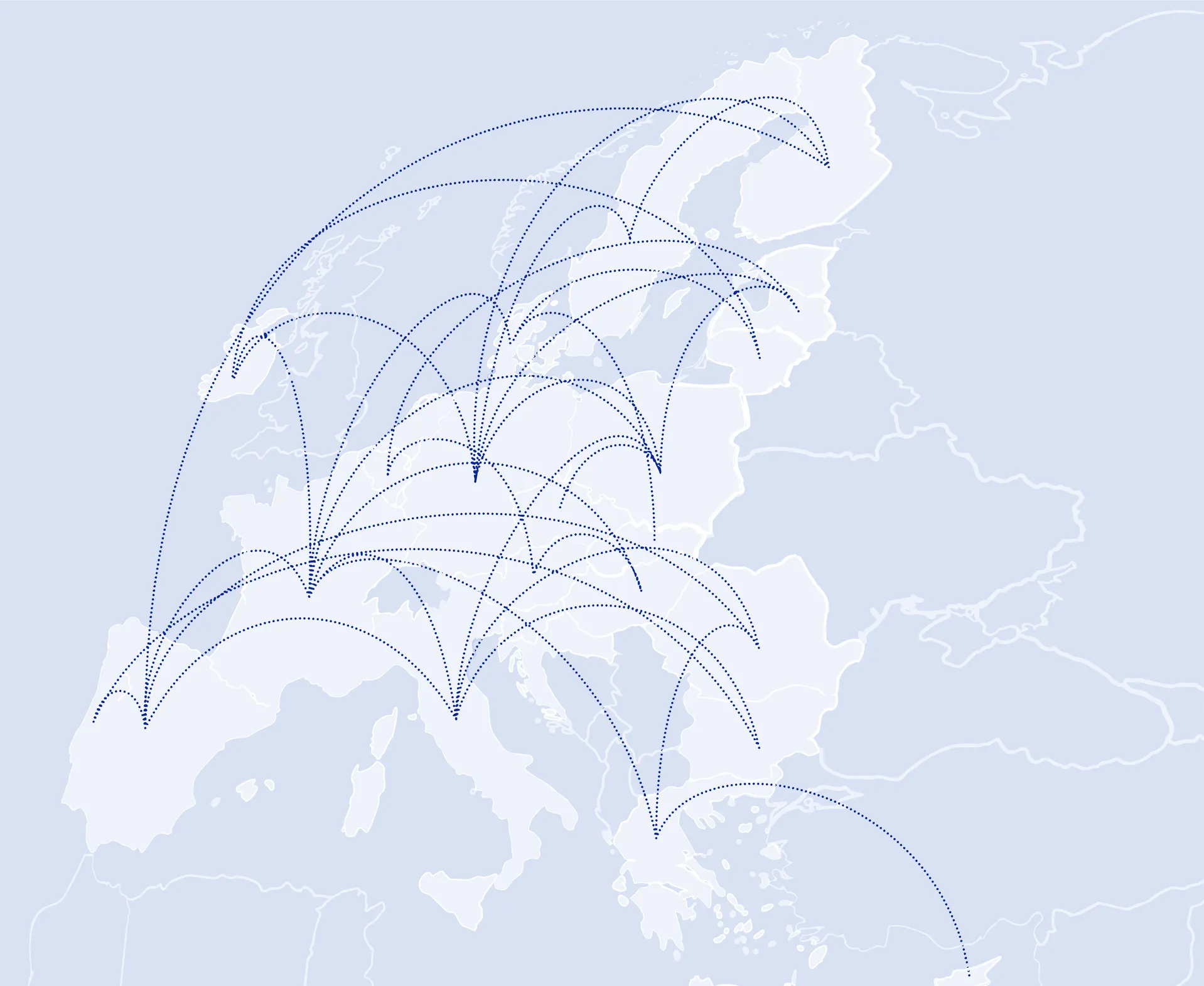 Eine stilisierte Karte von Europa. Die EU-Mitgliedstaaten sind heller markiert und durch überlappende, gestrichelte Linien miteinander vernetzt.